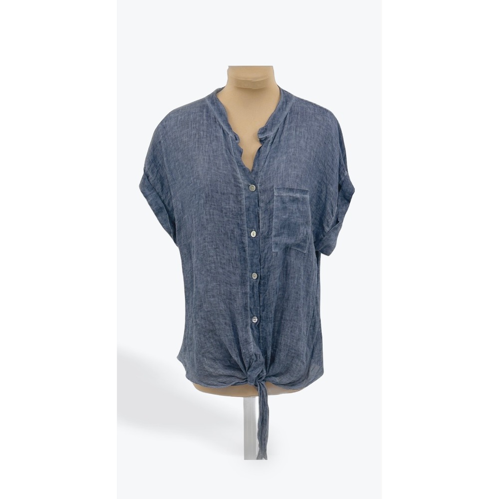 Scandal Made‎ in Italy Linen Top Women's Medium Blue Button Down Tie Front
